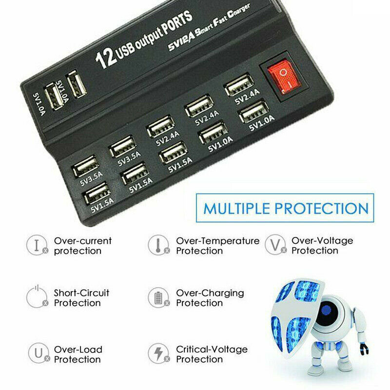 Multi 12-Ports USB Phone Charger Socket Fast Charging Station Hub Wall Adapter
