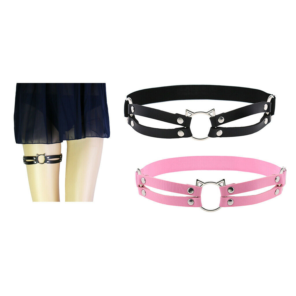 2pcs Sexy Gothic Leather Garter Thigh Ring Anti-Slip Punk Strap Pink+Black