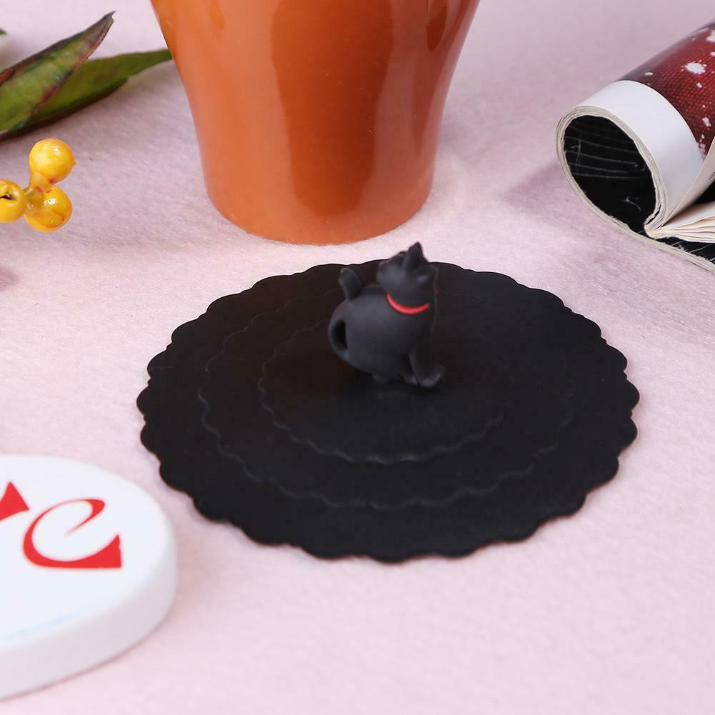 Silicone Cup Lid Heat Resistant Leakproof Reusable Sealed Cover (Black Cat) A#S