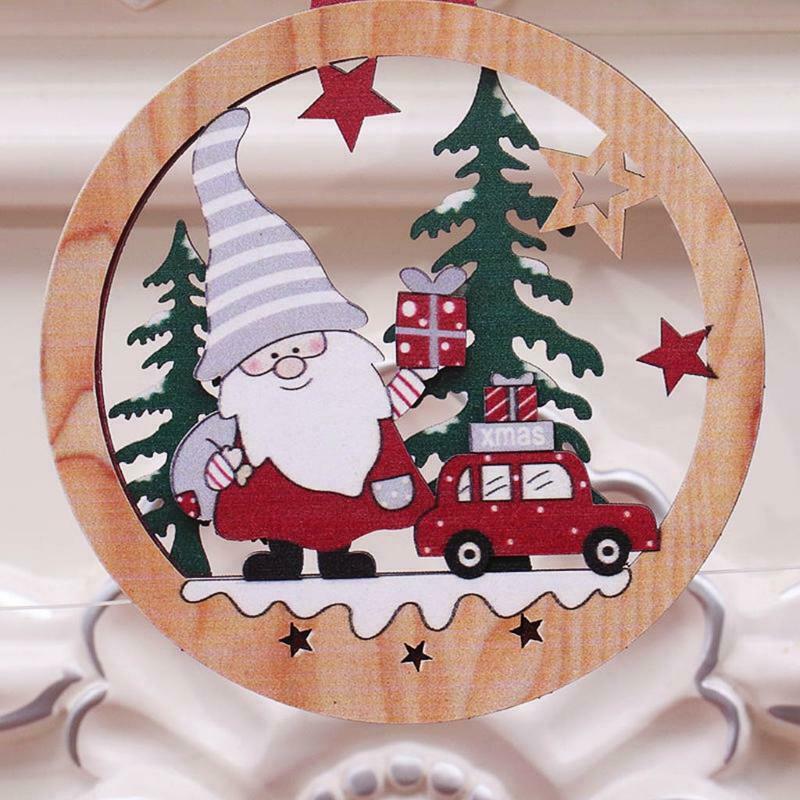 2pcs Christmas Car Gnome Santa Wooden Round Hanging Pendant Cartoon Santa Xmas