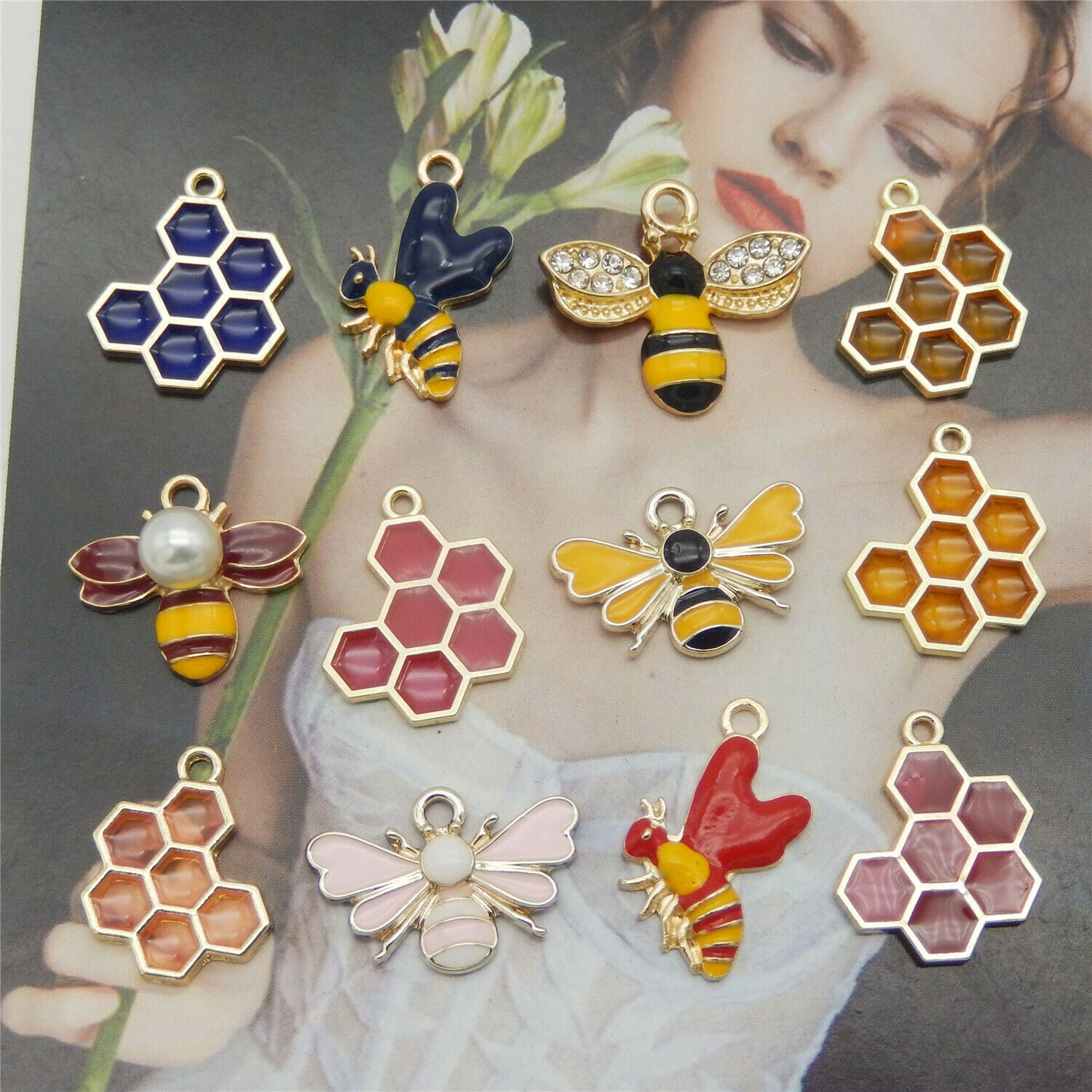 12 PCS Assorted Honeycomb Enamel Charm Bee Pendant for Bracelet Necklace Craft