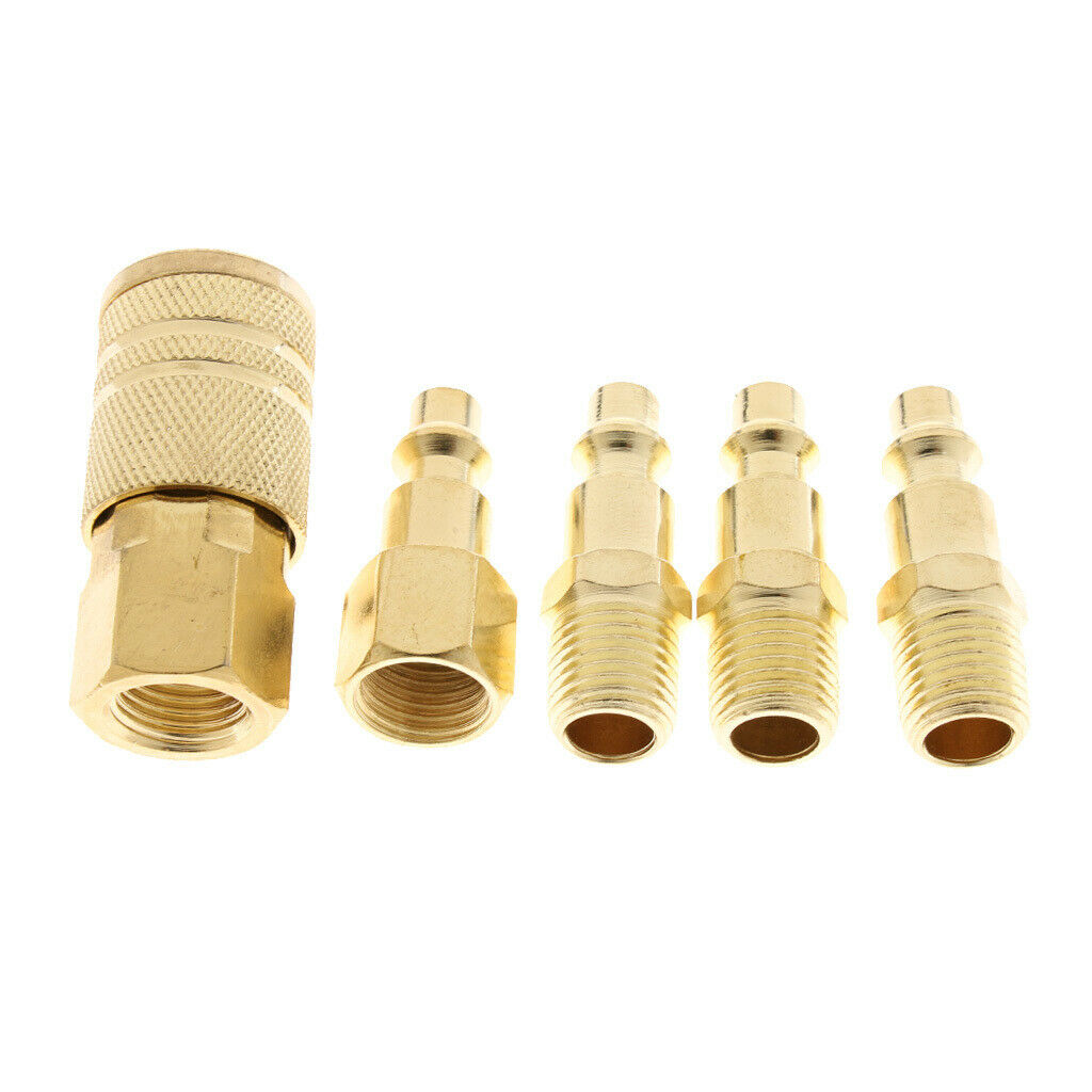 5 Piece Solid Brass Quick Coupler Set Air Hose Connector Fittings Plug 1/4 inch,