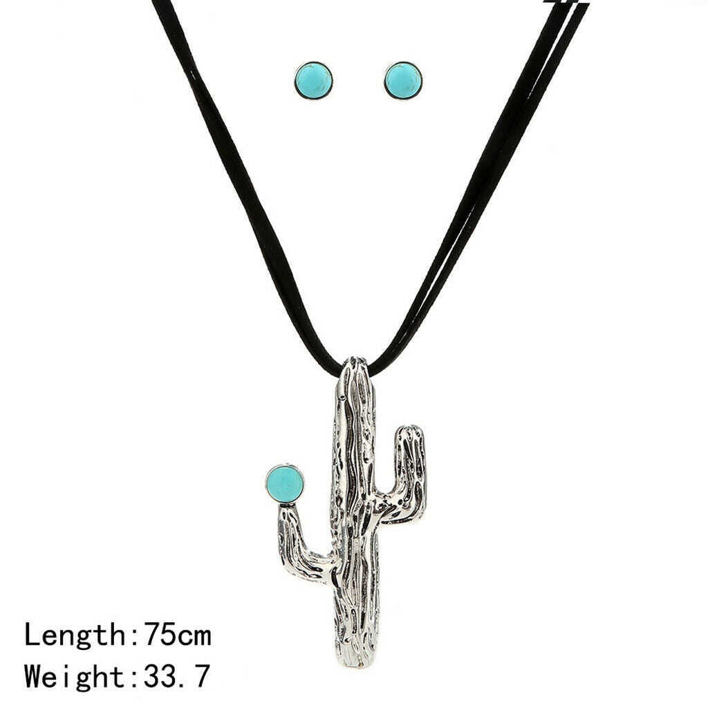 Bohemian Cactus Sweater Necklace Chain with 1 Pair Turquoise Earring Stud