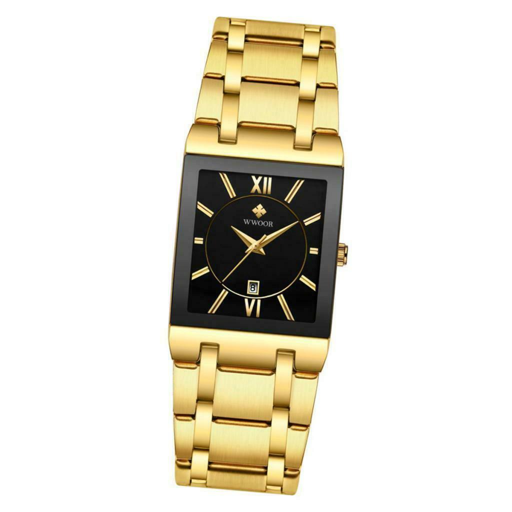 Mens Fashion Watch Rectangular Dial Analog Quartz Wristwatch Golden+Black