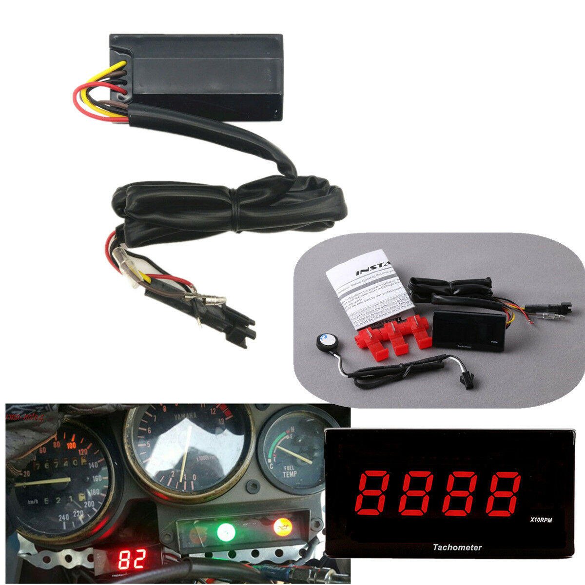 Waterproof Mini Black Tachometer Red Digital LCD Display x10 RPM For Motorcycle