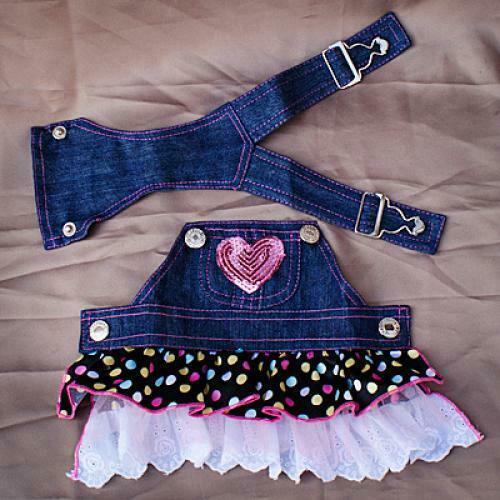 Dog Puppy Denim Dungarees Pink Heart Sequin Polka Dot Ruffle Jumper Dress XS