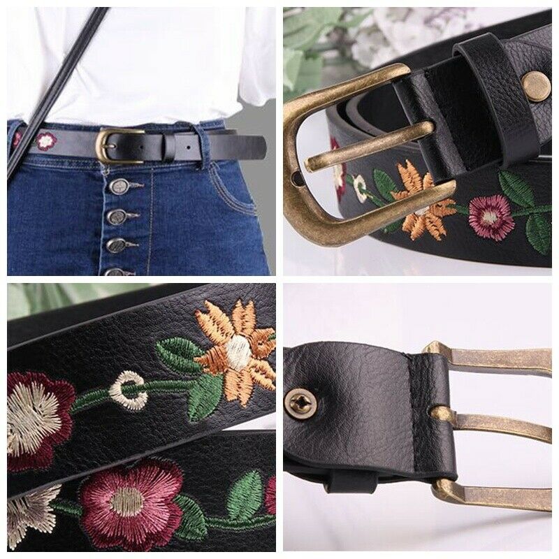 Women Belt Leather Metal Buckle Waistband Retro Embroidered Flower 110cm Long