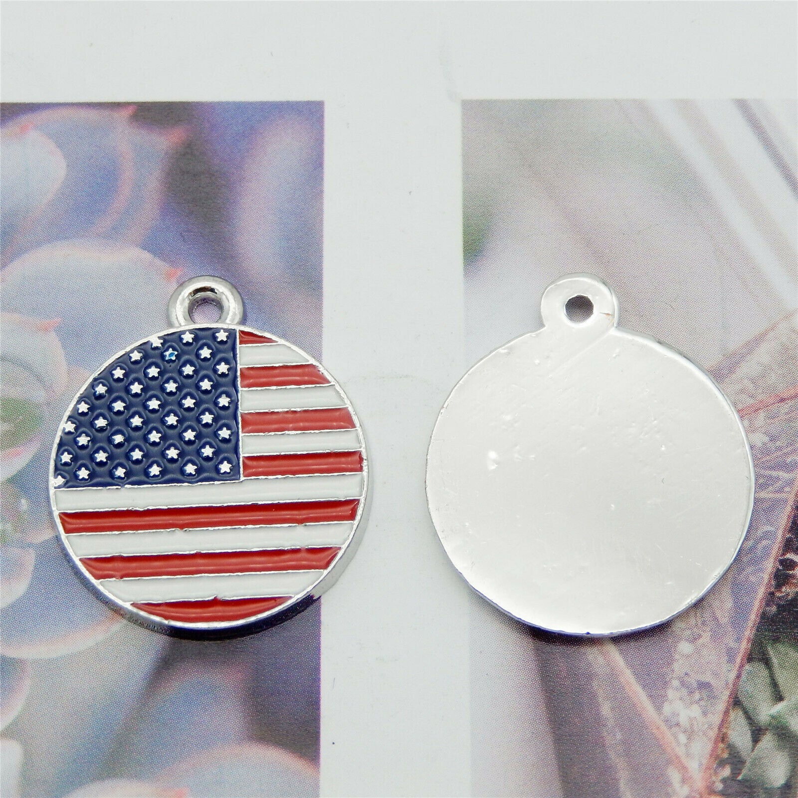 8 pcs US Flag Charm Enamel Round Tag Pendant Keychain Making Alloy Crafts 23mm