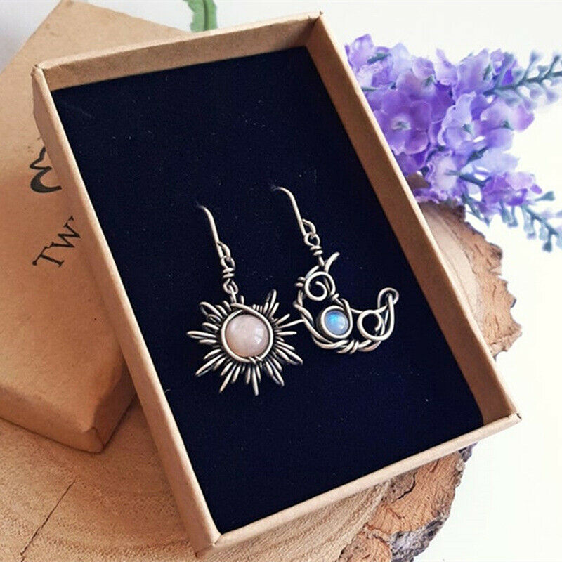 Retro Sun Moon Earrings Moonstone Asymmetric Earrings Woman Jewelry Gift