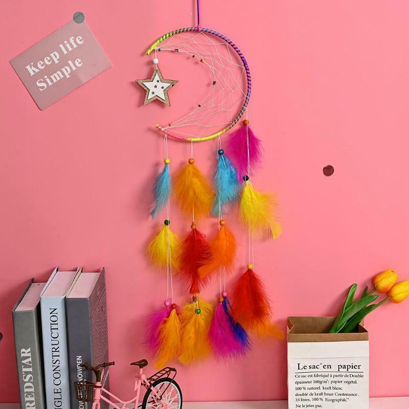 Colorful Feather Pendant Dream Catcher Moon Star Design Woven Wall Hanging Decor