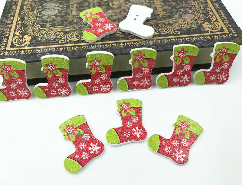 50X Christmas sock Wooden Buttons Sewing Scrapbooking Decorative holiday 28mm