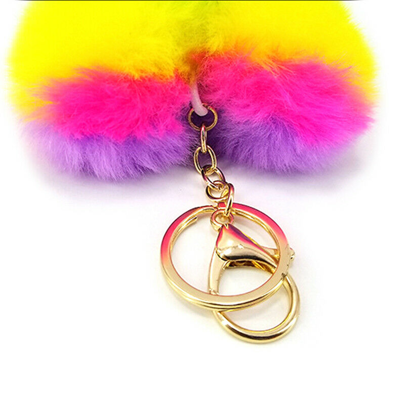 Rainbow Heart Key Chain Pompom Ball Keychain Fluffy Bag Keyring Xmas G.l8