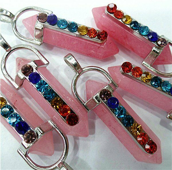20Pcs 41x8mm Pink Malay Jade 7 Chakra Point Healing Hexagon DIY Pendant HH8052