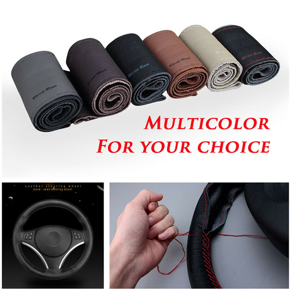 Handmade Sewing Steering Wheel Cover Soft Real Leather Braid With Needle&Thread