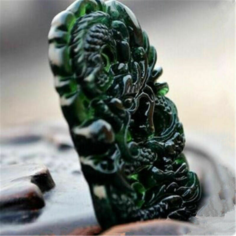 Chinese Natural Black Green Jade Pendant Dragon Lucky Amulet Jewelry Gift