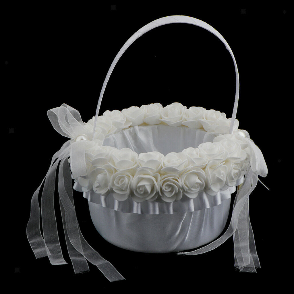 Wedding Satin Flower Basket Romantic Bowknot Cloth Rose Flower Girl Basket