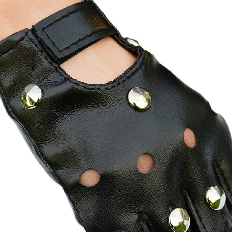 Leather Fingerless Short Gloves Black Rivets Stud Half Finger Mittens Fashion Ad