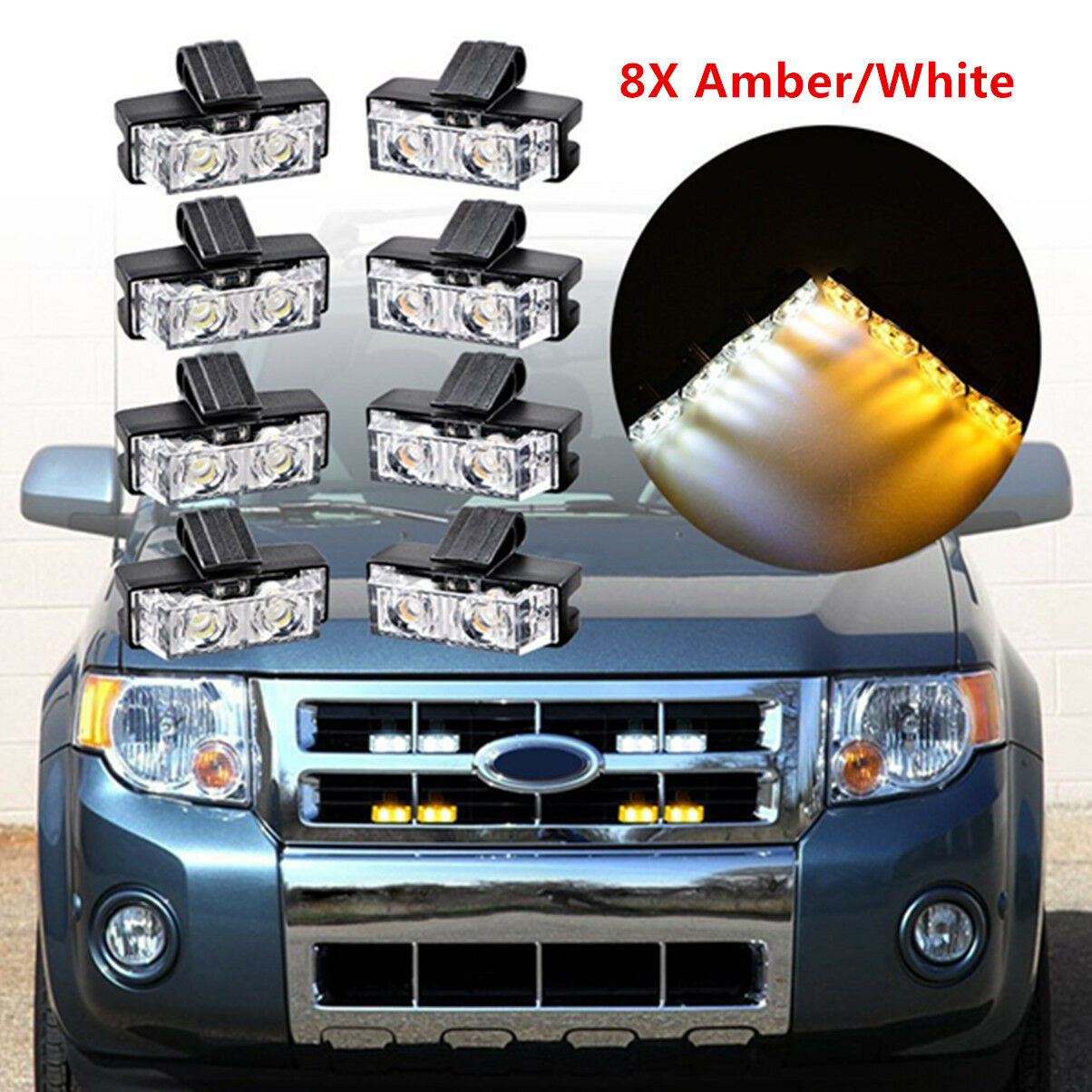 8X Amber/White Car Front Grille Strobe Light Bar Warning Hazard Emergency Beacon