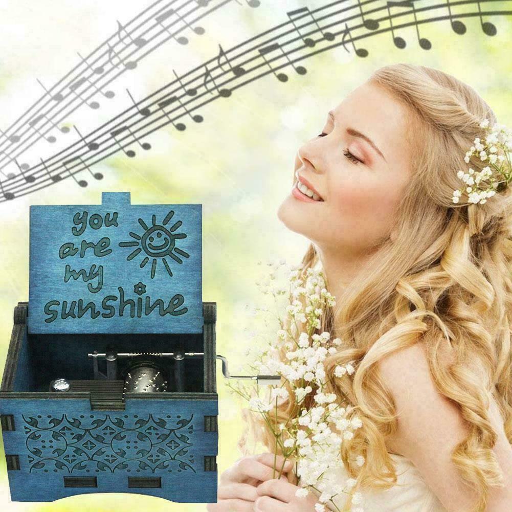 Music Box You are My Sunshine blue,Wooden Classic Music Crafts Crank Box