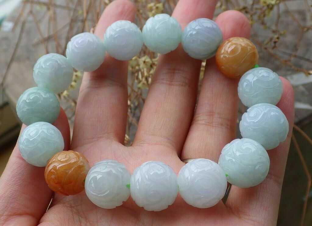 13MM Certified 100% Natural A JADE JADEITE Flower Bead Bangle Bracelet 7.5"AA++