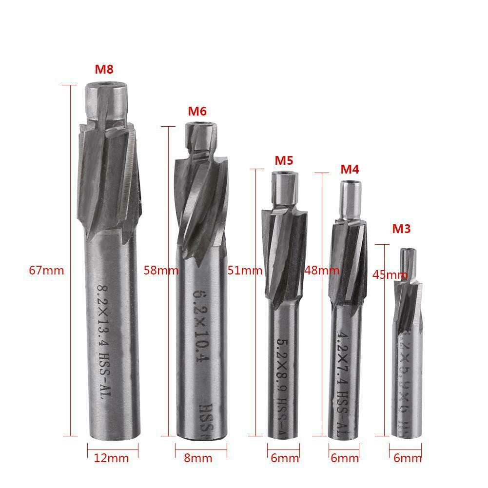 M3-M8 5 Piece of Pilot Slot Drill Tool for End Mills with 4-Blade Countersink