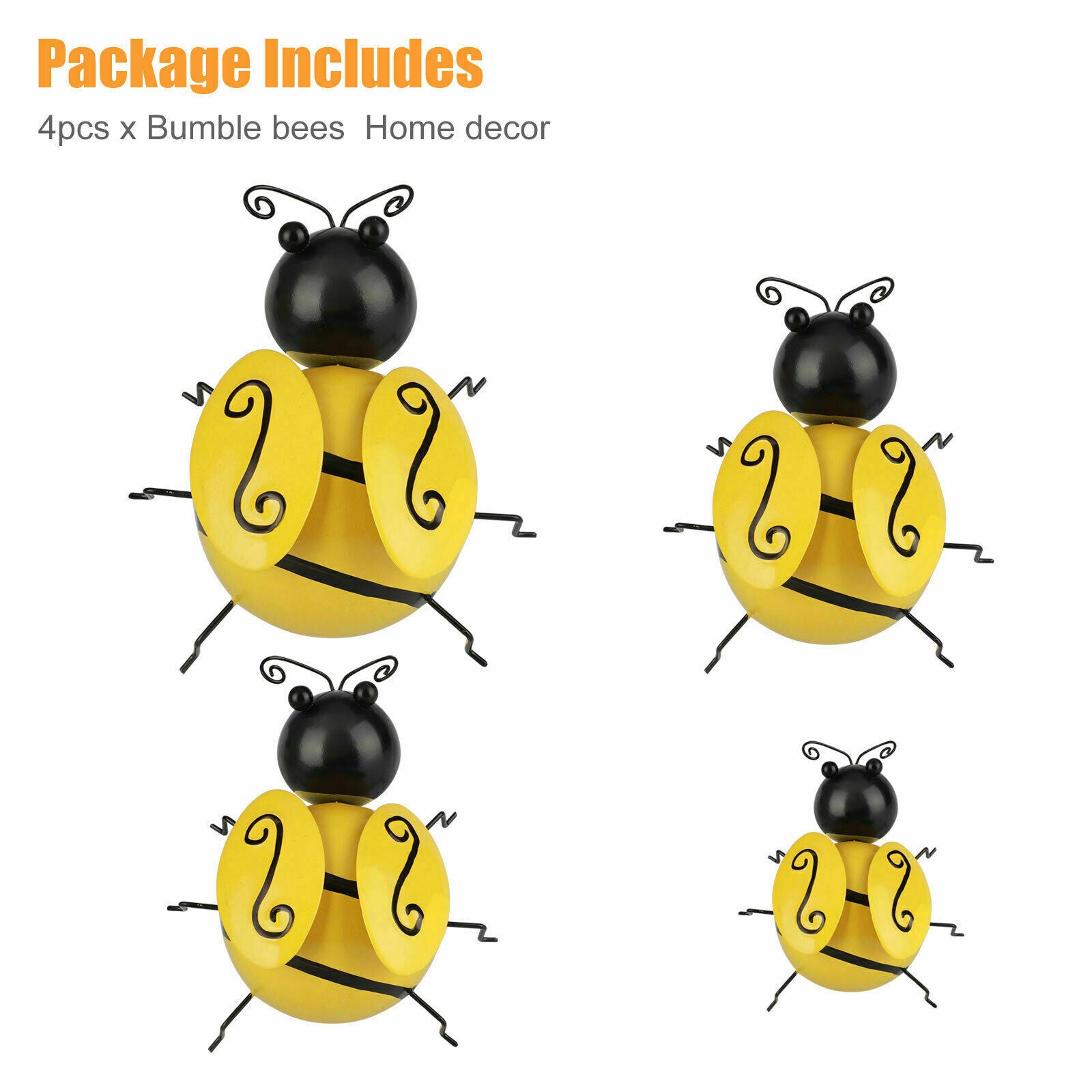 Set of 4 Yellow Bumble Bees Wall Ground Fence Home Garden Outdoor Lawn Art Decor