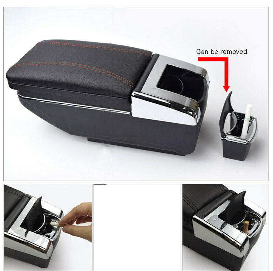 Black Red Line Armrest Box + PU Leather Mat Storage Organizer Case Car Universal