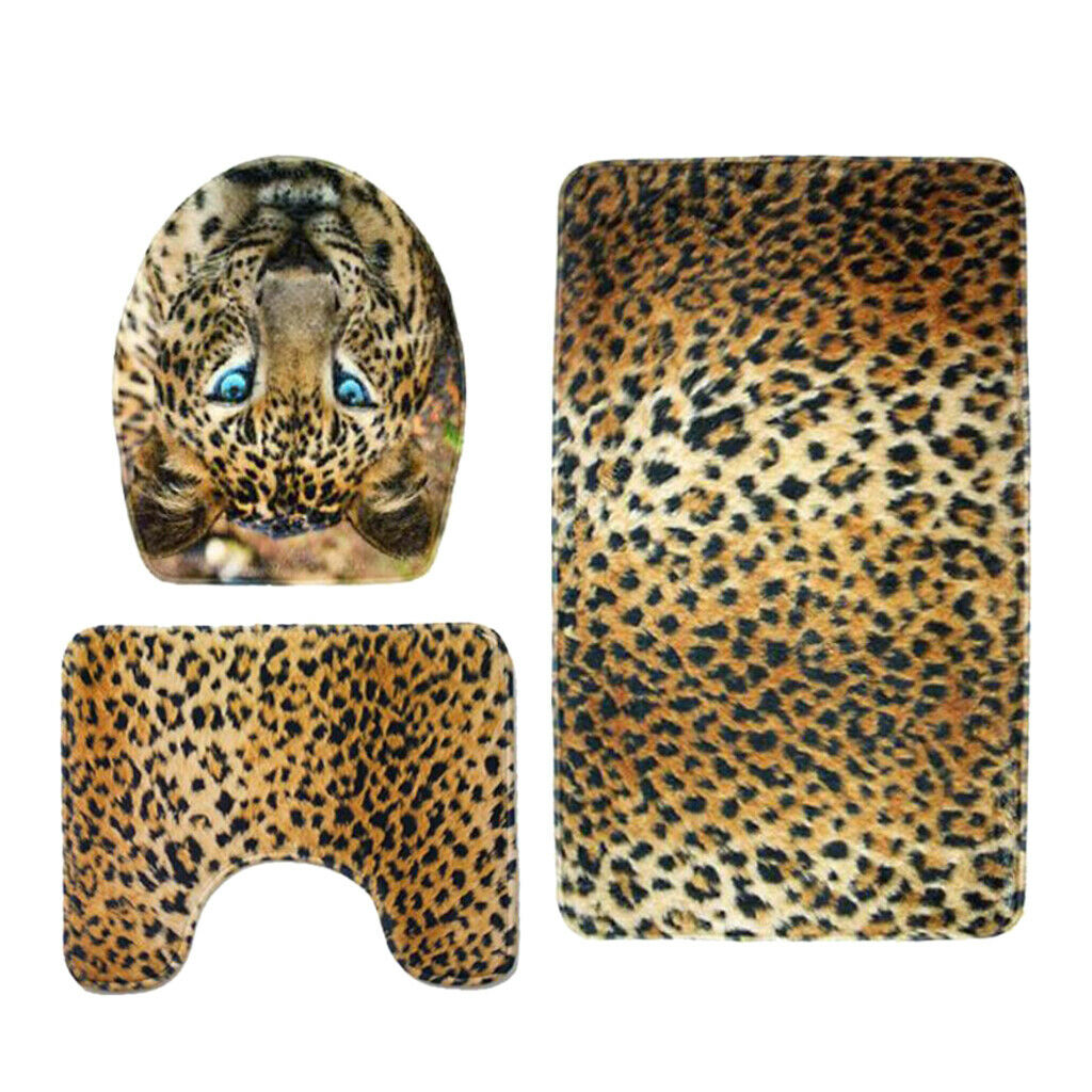 3 Pieces Flannel Toilet Lid Non Slip Bath Mat Bathroom Rug Set Leopard