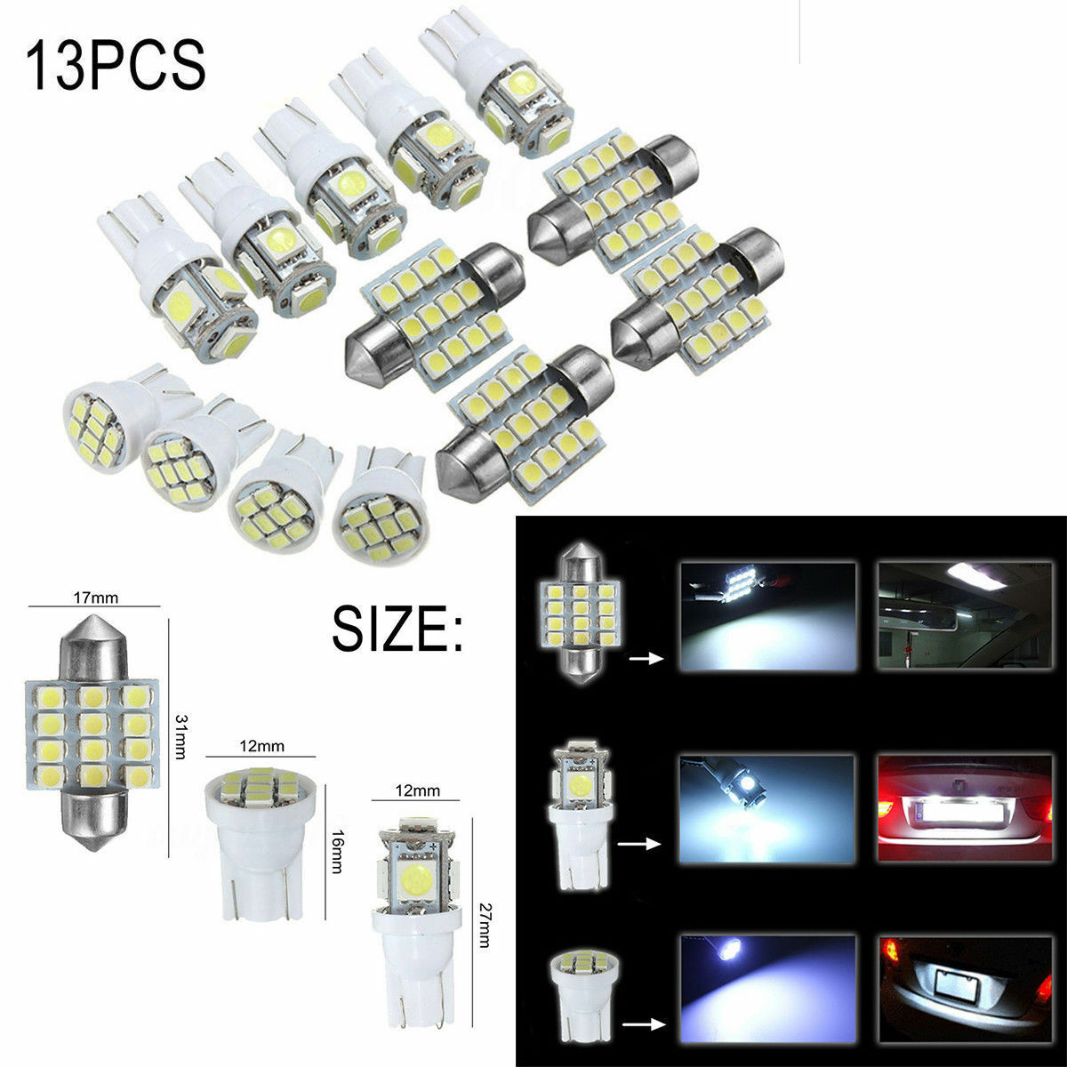 13X DC12V Car White LED Lights Kit for Stock Interior Dome License Plate Lamps