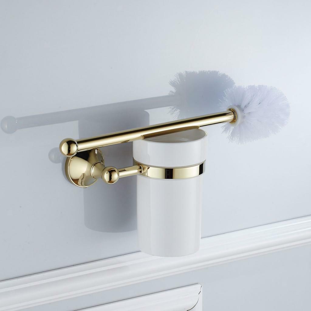New Golden Brass Bathroom Toilet Cleaning Brush Holder Cup Wall Mounted Set