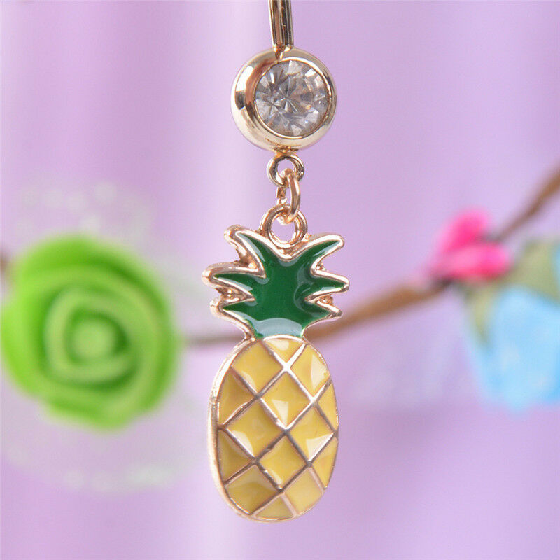 Crystal Rhinestone Pineapple Navel Belly Button Ring Bar Body Piercing SR.l8