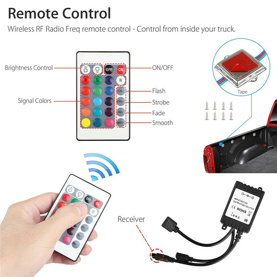 RGB 8 LED Light Kit Super Bright Lighting IR Remote For Pickup Truck Bed Liner