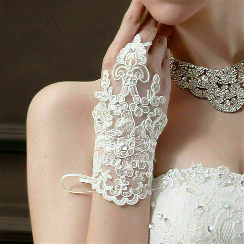 New Lace white Fingerless Short Paragraph Rhinestone Bridal Wedding Gloves