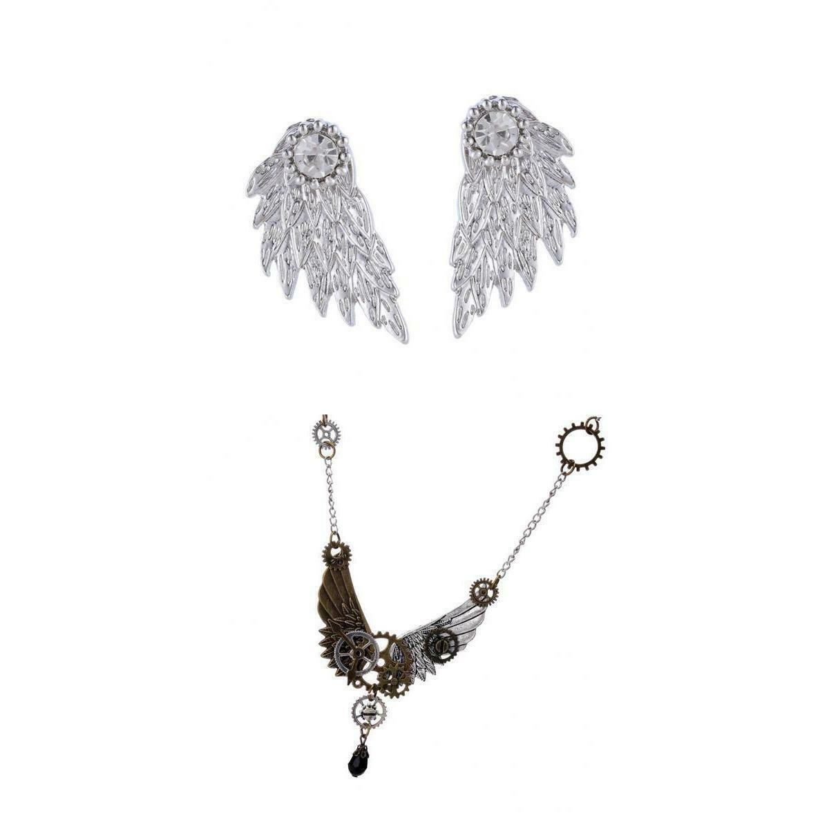 Steampunk Gear Jewelry Angel Wings Earrings Necklace Chain Sets for Women