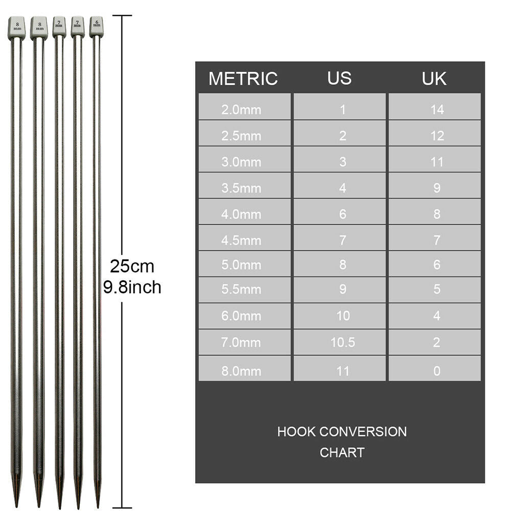 22Pcs 11Sizes 25cm Knitting Needles Straight Single Pointed Knitting Needles