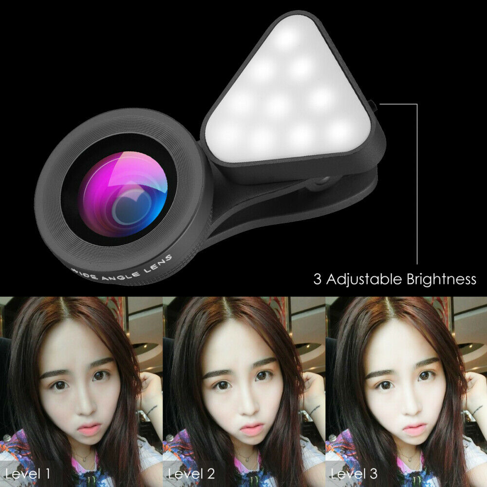 Universal 3-in-1 Fill-in Light  Wide Angle Macro Camera Lens Clip On for Phone
