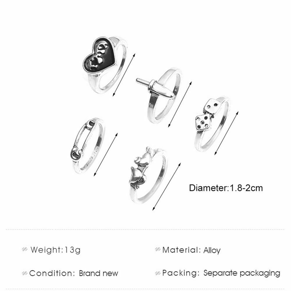 Gifts Retro Black Dice Billiards Gothic Heart Rings Set Women Finger Ring