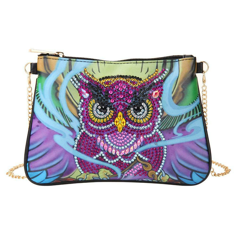DIY Owl Special Shaped Diamond Painting Leather Crossbody Bags Chain Clutch @