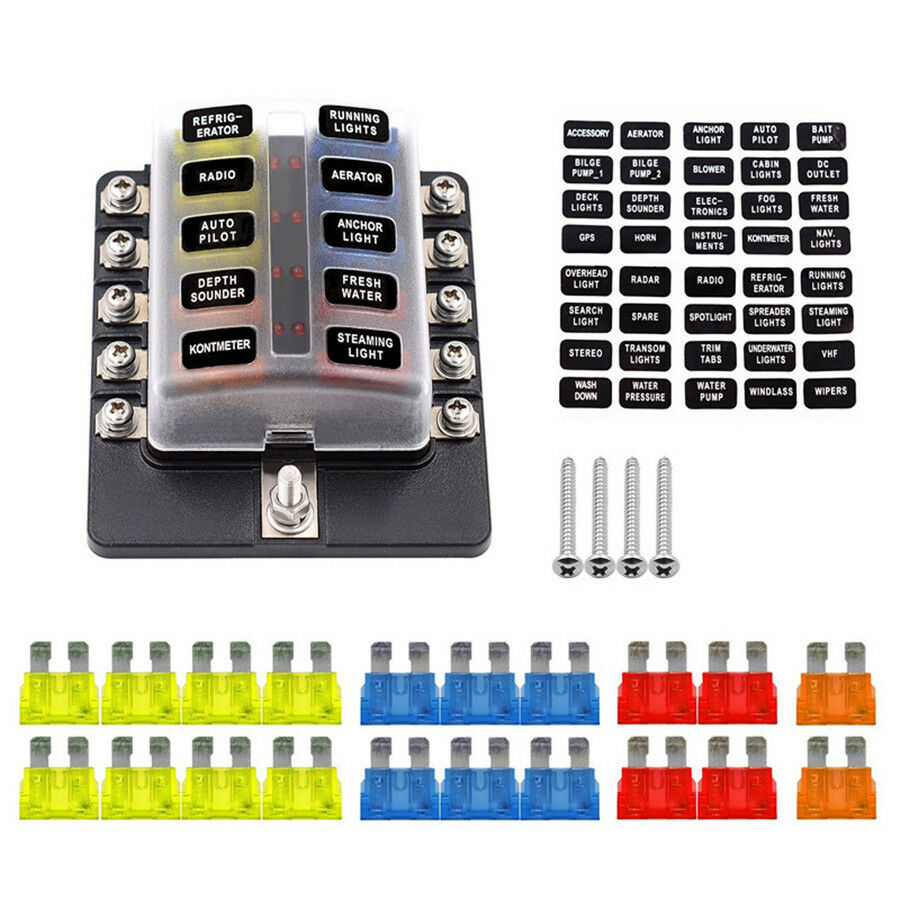 10-Way Blade Fuse Box Block Holder LED Indicator w/ Fuses For Car Truck Marine