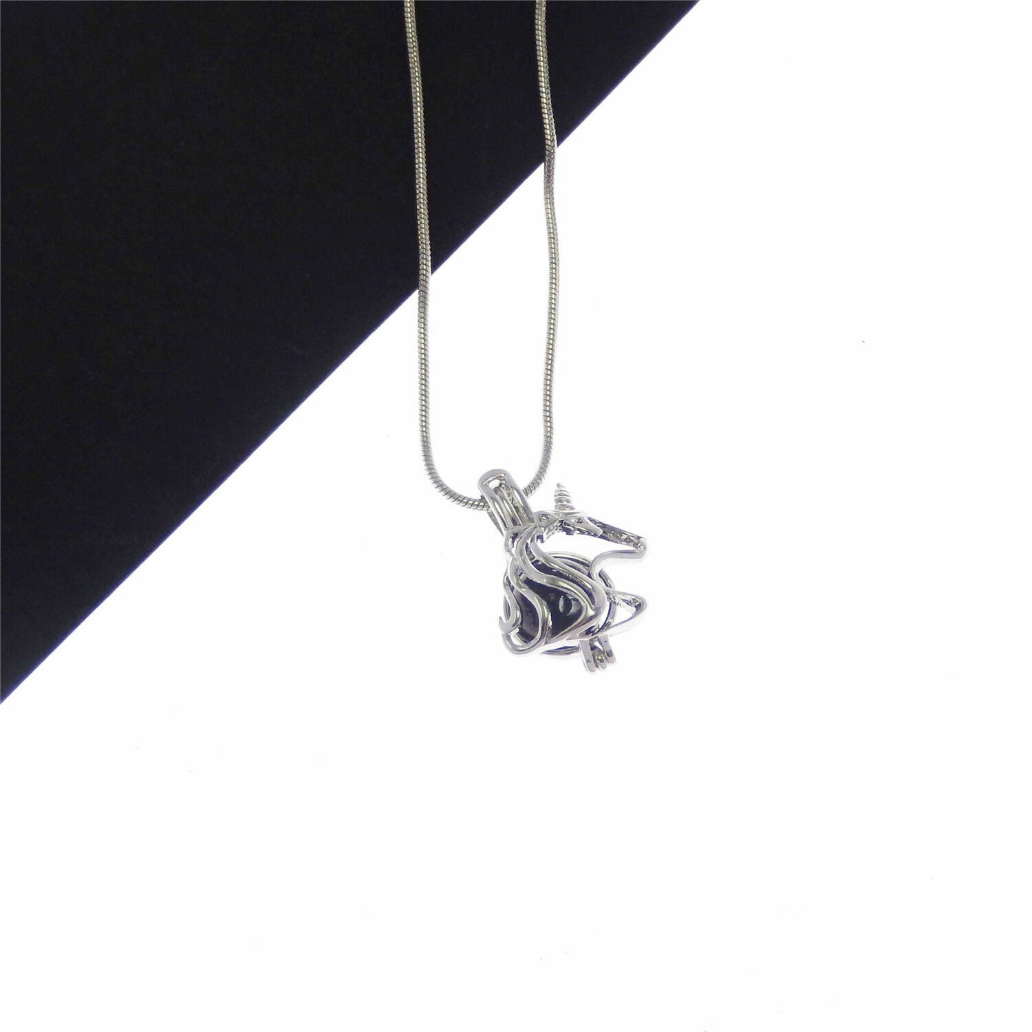Fashion Womens Mini Unicorn Locket Pearls&Beads Cage Pendant Necklace 50CM