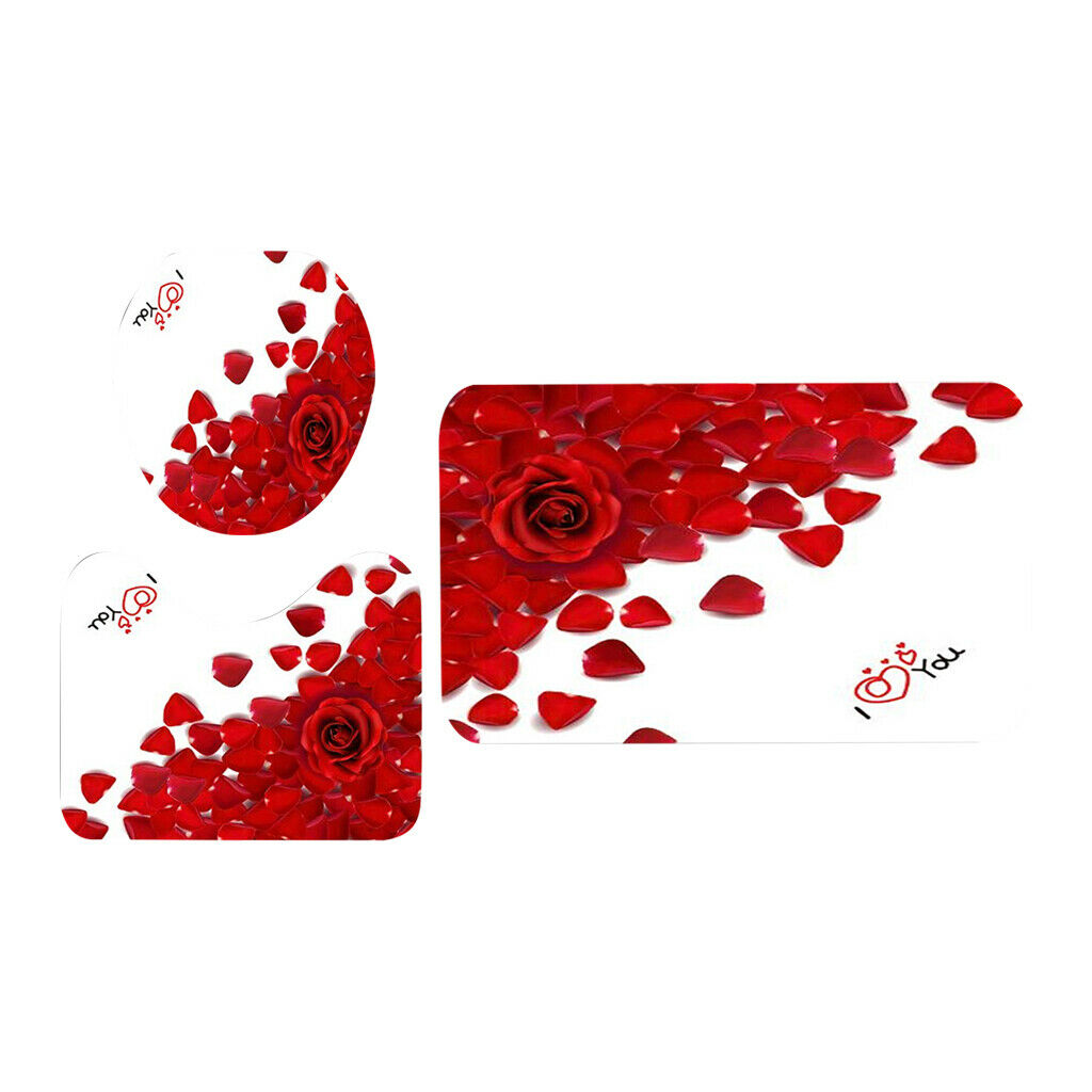 2Set 3Pcs Red Rose Pattern Toilet Lid Cover Bath Rug Set Shower Ensemble