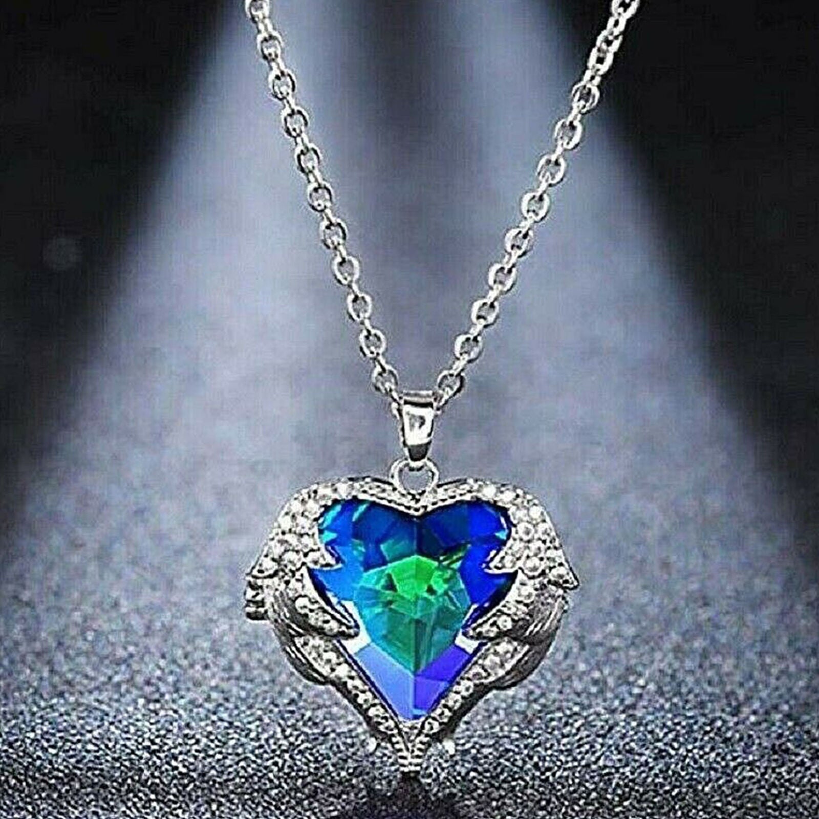 Mother's Day Gift Angel Wing Pendant Necklace Crystal Blue Heart With Gift Bag