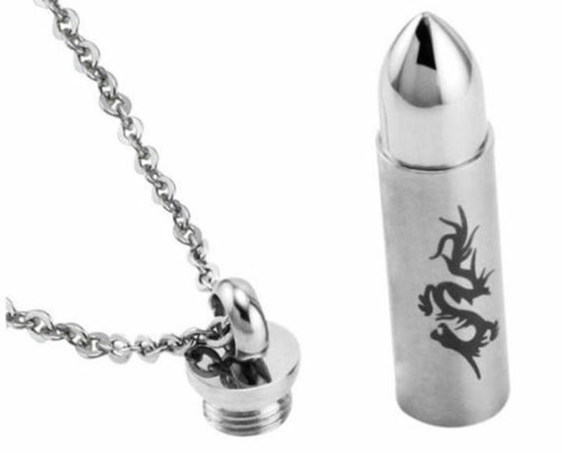 Bullet Memorial Cremation Ash Urn Stainless Steel Pendant Chain Necklace Pip