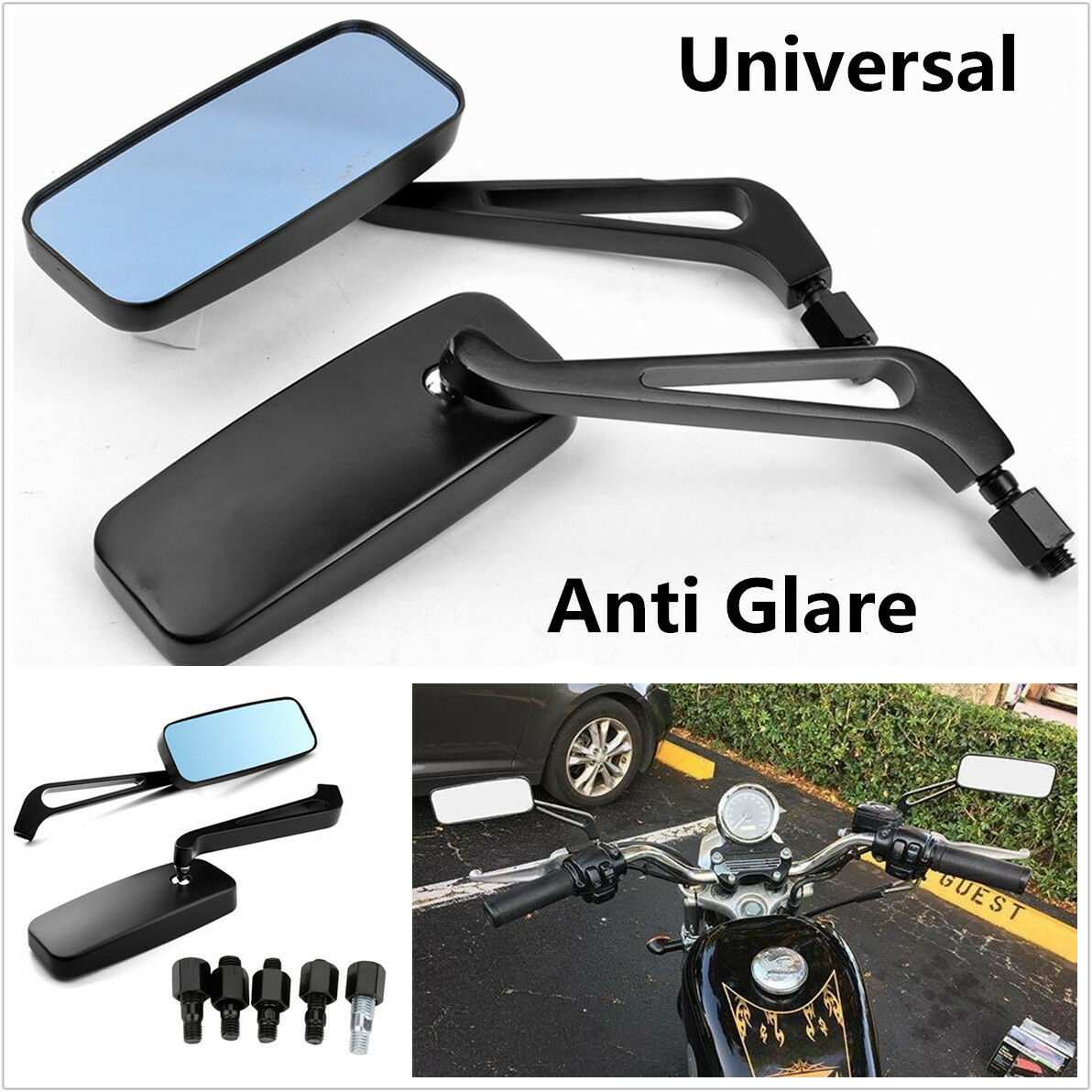 Anti Glare Blue Glass Y Black Motorcycle Rectangle Rearview Mirrors For Kawasaki