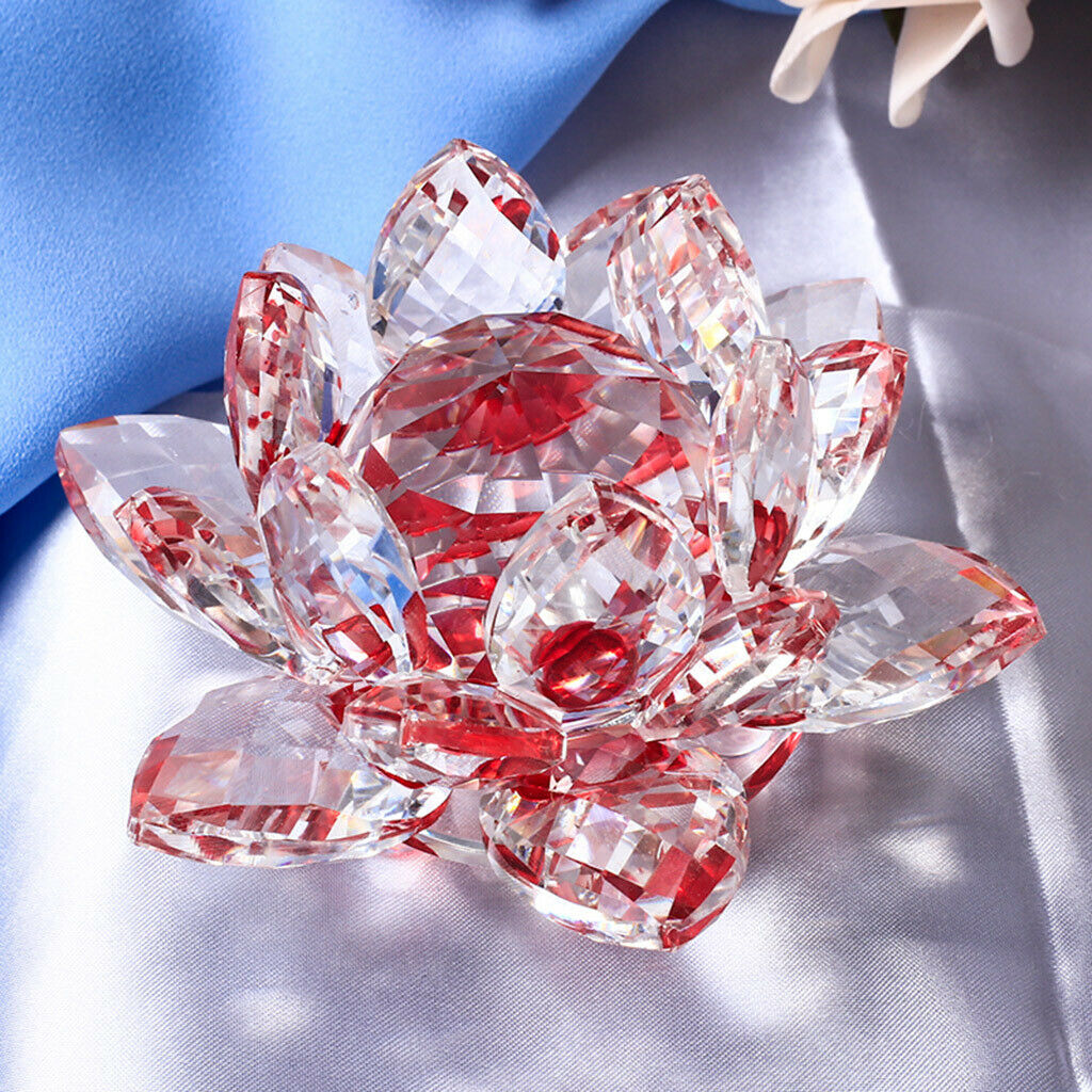 2pcs Crystal Lotus Flowers Crafts Buddhist Feng Shui Ornaments Red & Blue