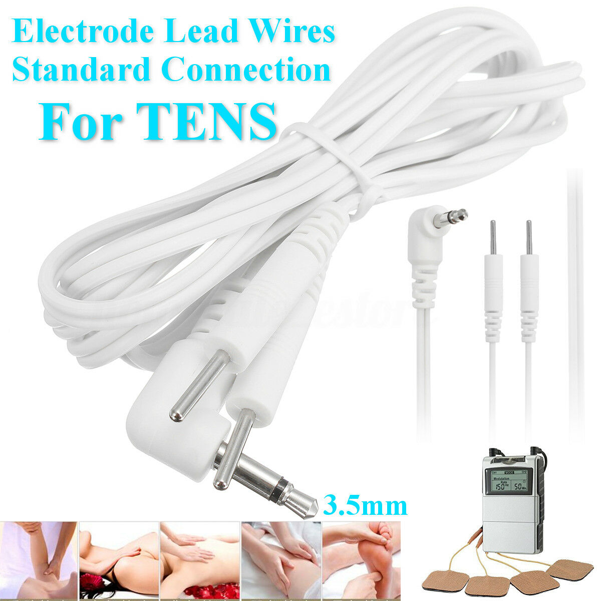 2X 3.5mm Replacement Electrode Pads Lead Cable Wire Connection for Tens Black