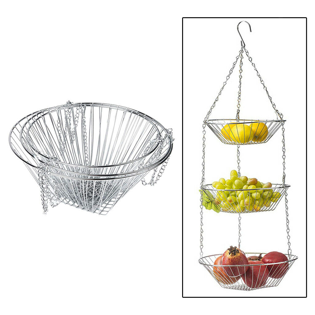 3-Tier Bowls Hanging Fruit Basket Iron Wire Holder Rack Organizer Countertop
