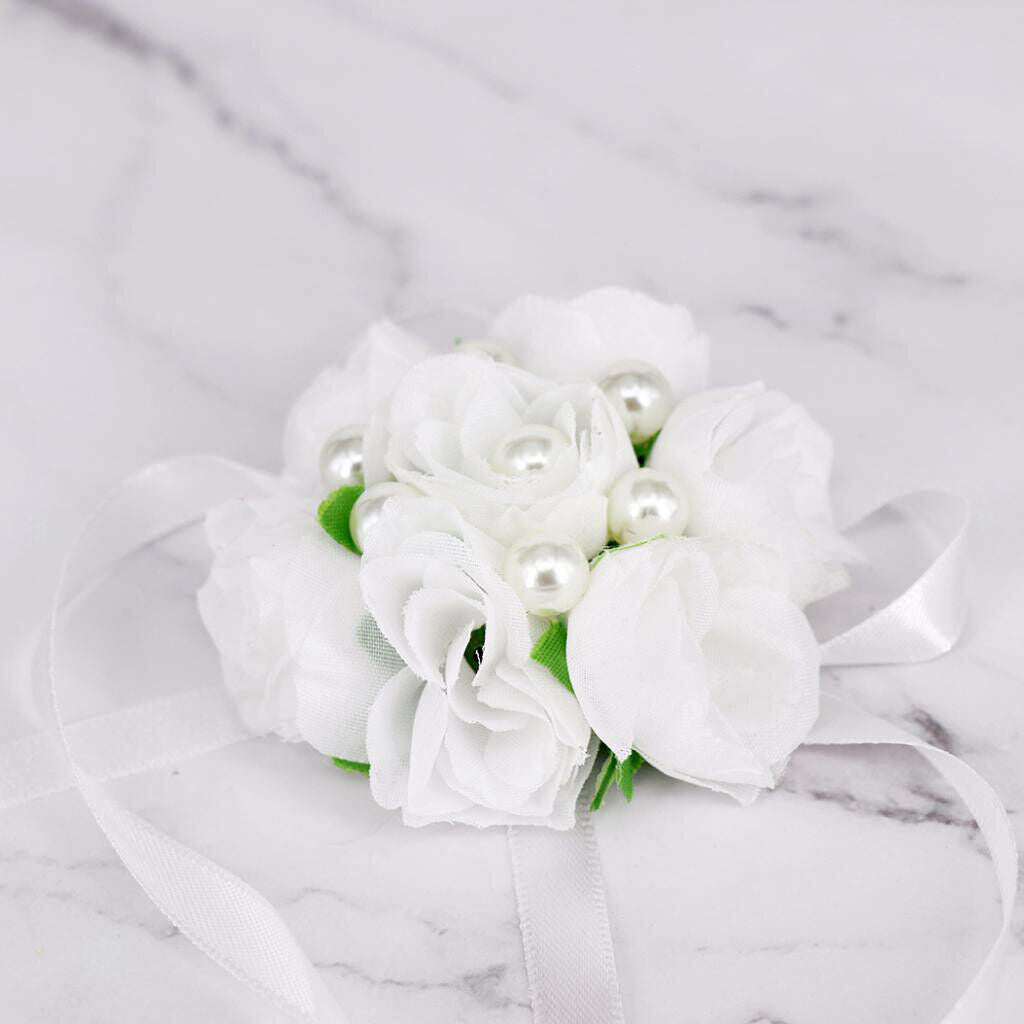 Wedding bracelet flowers bow leaves flower girl bridesmaid, white