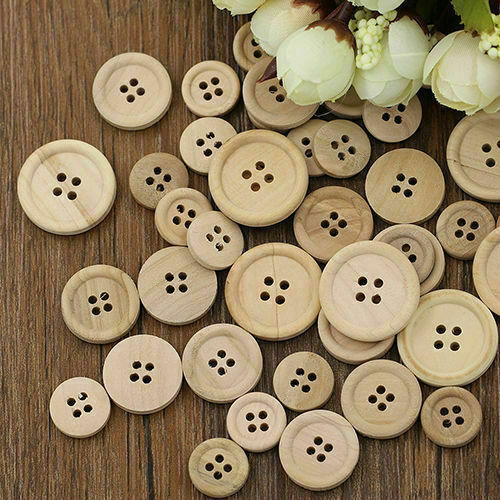 50 Pcs Mixed Wooden Buttons Natural Color Round 4-Holes Sewing Scrapbooking US