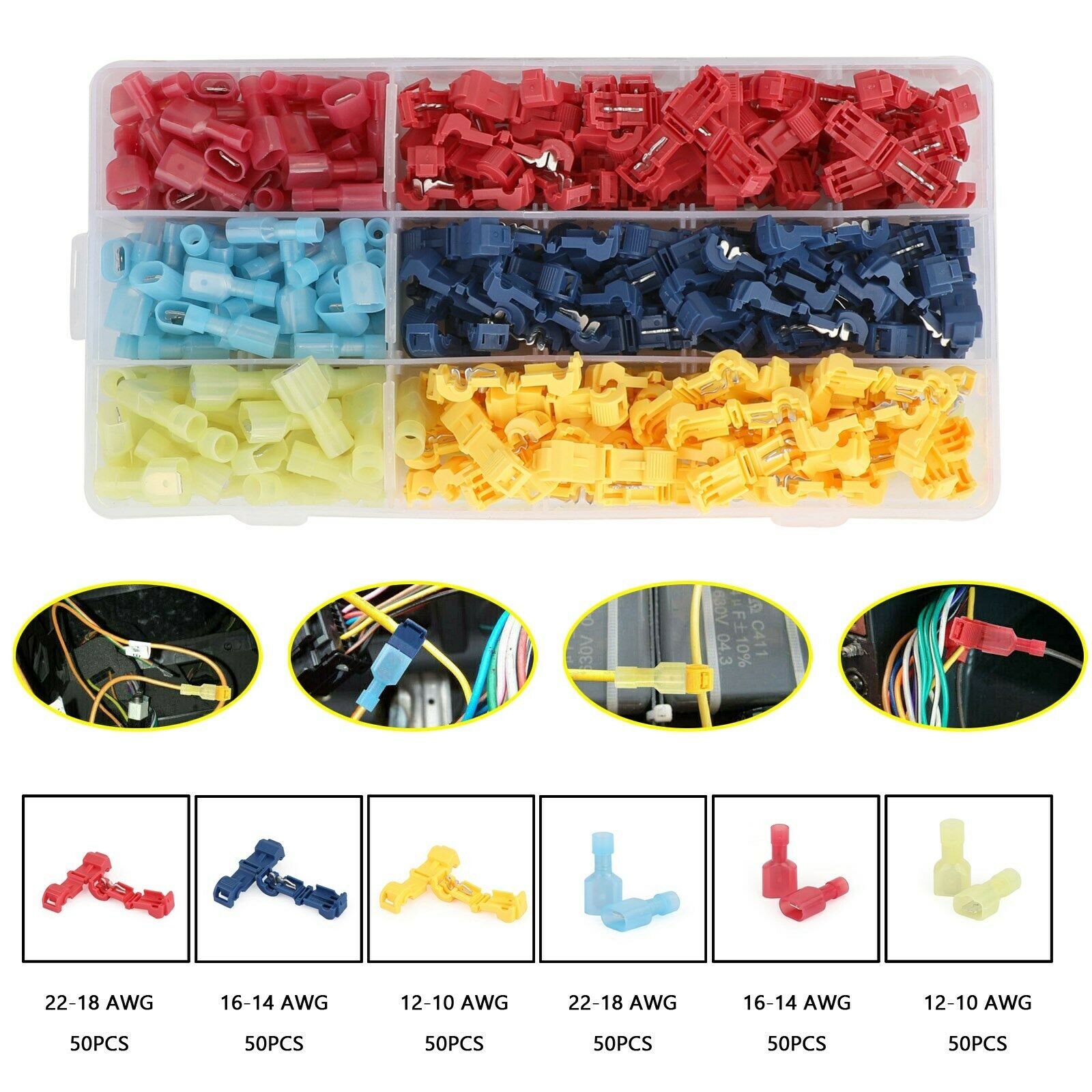 300Pcs Insulated T-Taps Quick Splice Wire Terminal Connectors Kit 22-10 AWG CN